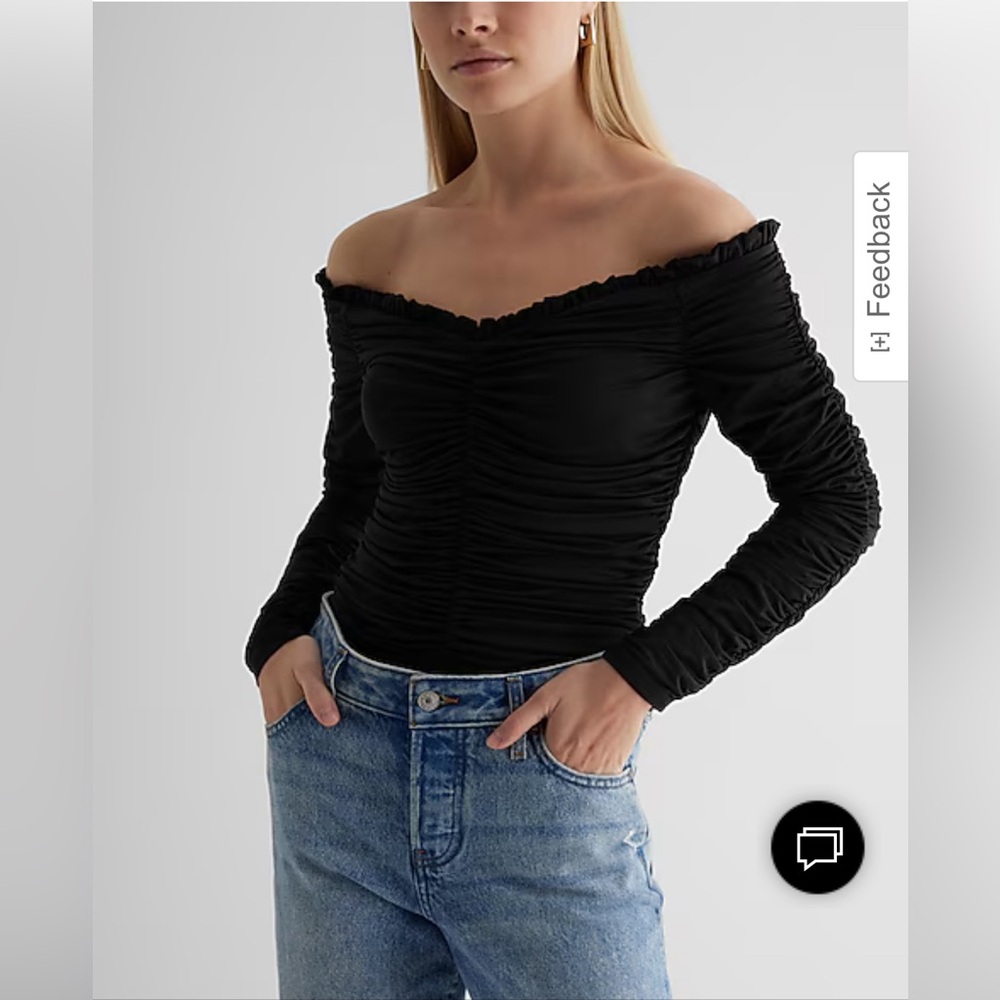 Express Black Body Contour Compression Off The Shoulder Ruched Bodysuit; Size S